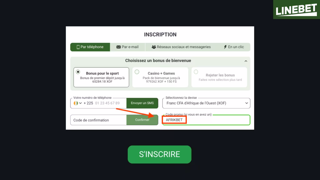Explication inscription code promo AFRIKBET sur Linebet