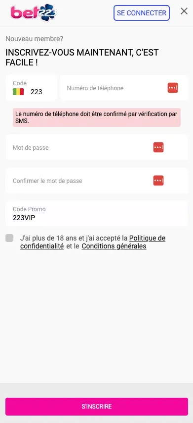la proc&eacute;dure d'inscription avec le code promo bet223
