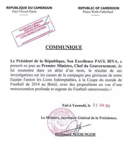Cameroun : le pr&eacute;sident Biya ouvre une enqu&ecirc;te sur les Lions