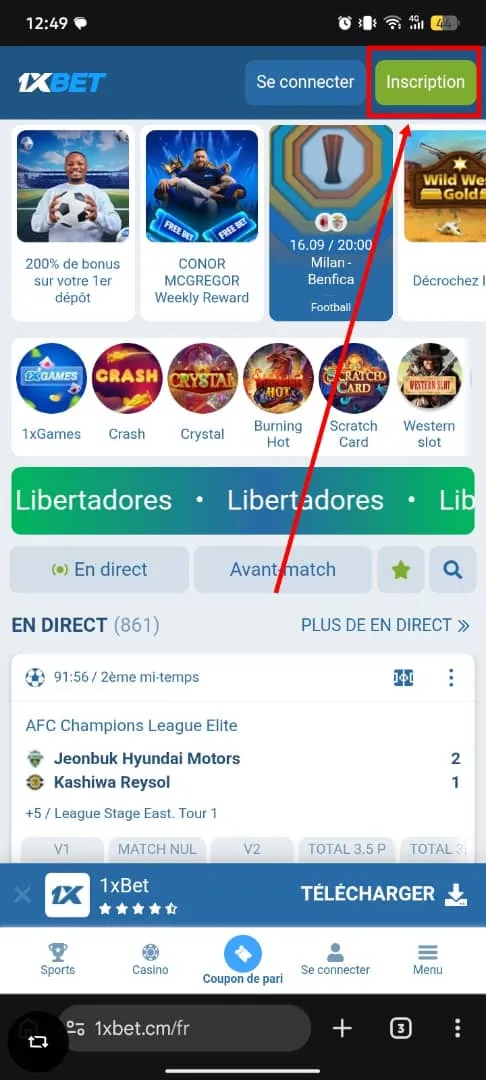 La page d'inscription sur le site mobile 1xBet