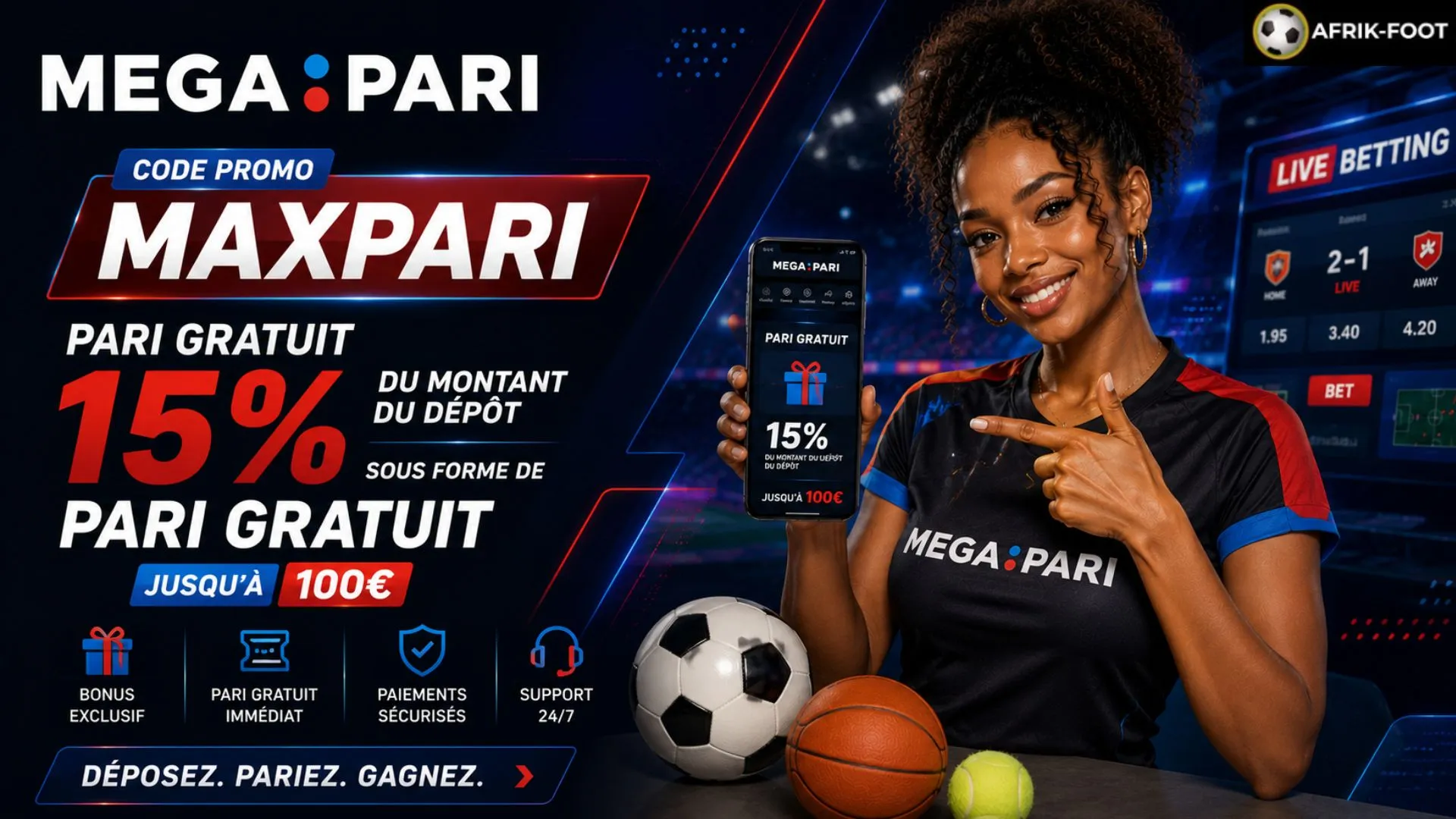 Bonus pari gratuit Megapari : 15 % du premier d&eacute;p&ocirc;t cr&eacute;dit&eacute;s sous forme de code promo, jusqu'&agrave; 100 &euro;.