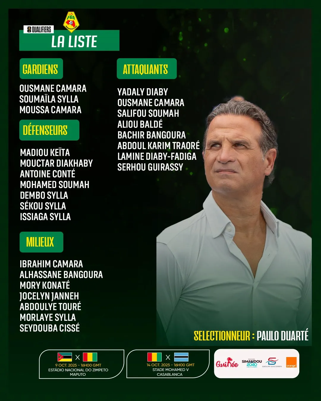 Liste Guin&eacute;e contre Mozambique et Botswana