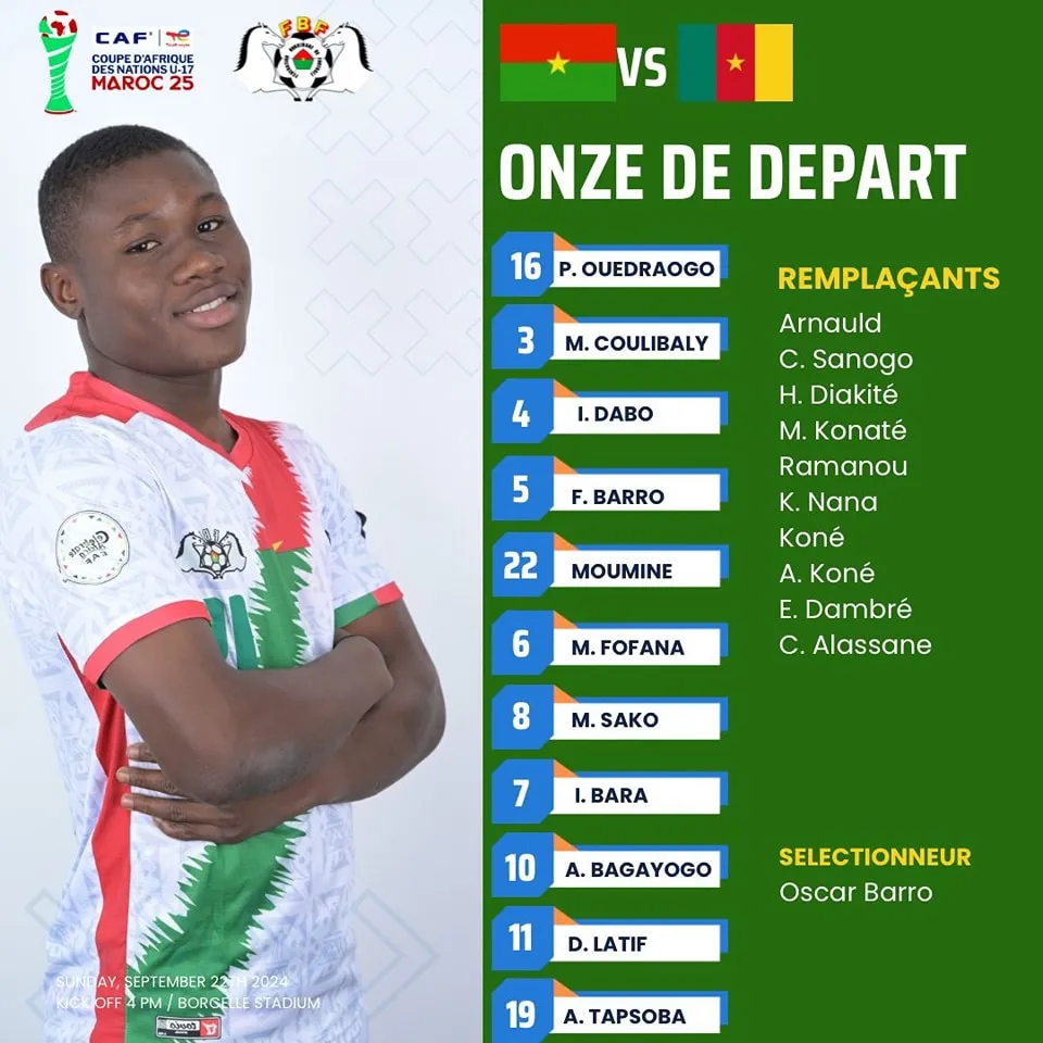 Compo du Burkina Faso U17 contre Cameroun U17