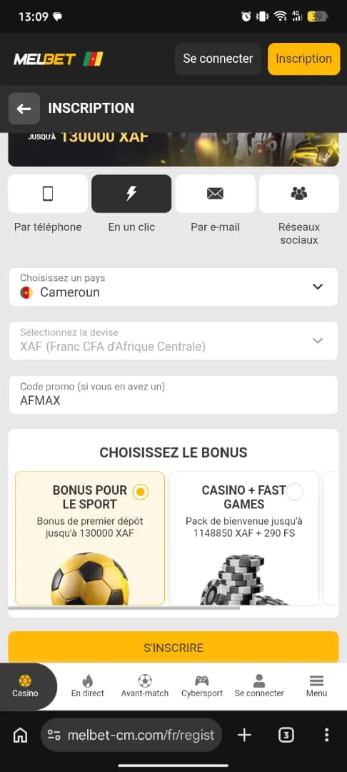 Formulaire d'inscription MelBet en un clic