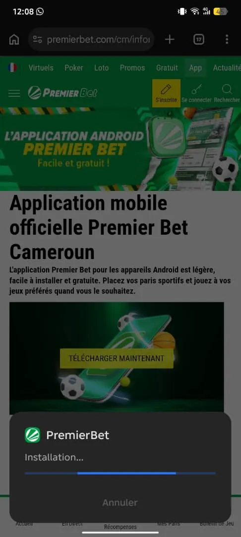 Installation de l'APK Premier Bet en cours