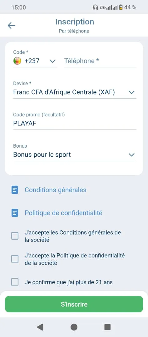 Inscription avec code promo PLAYAF 1Xbet APK
