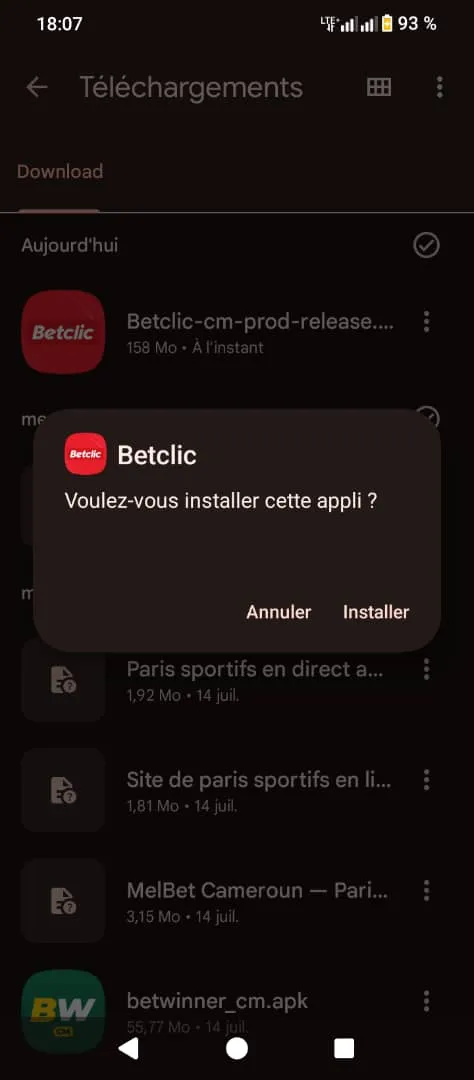 Demande confirmation d'installer l'app Betclic APK