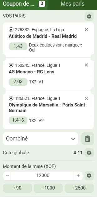 Ticket combin&eacute; code promo Linebet AFRIKBET : Monaco-Lens, Atl&eacute;tico-Real Madrid, Marseille-PSG : cote 4,11