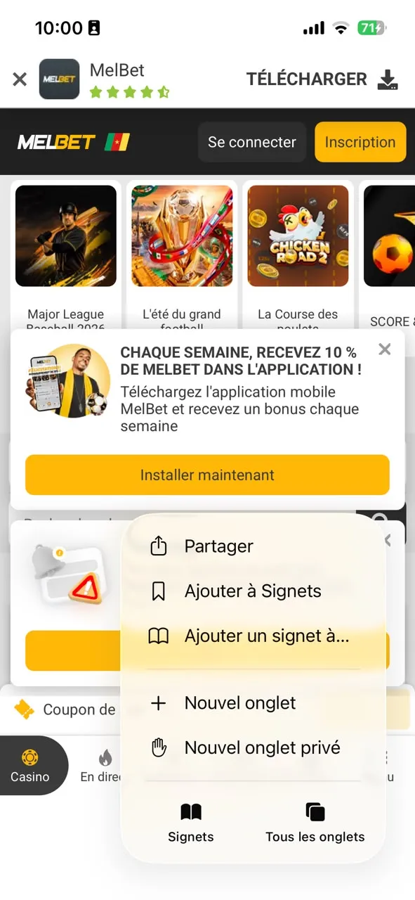 Installation fichier PWA MelBet avec Safari 