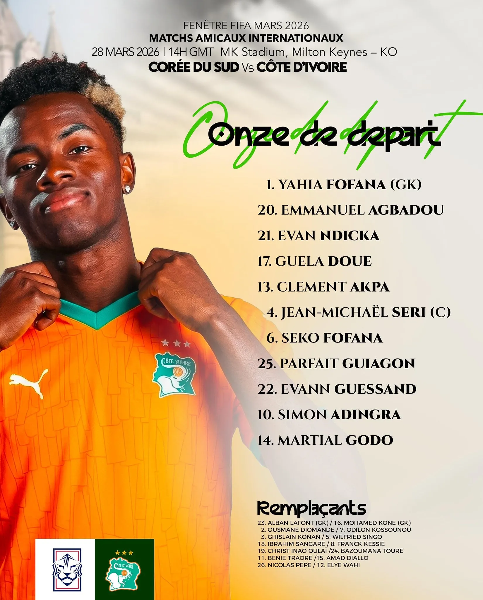 Compo de la C&ocirc;te d&rsquo;Ivoire contre Cor&eacute;e du Sud