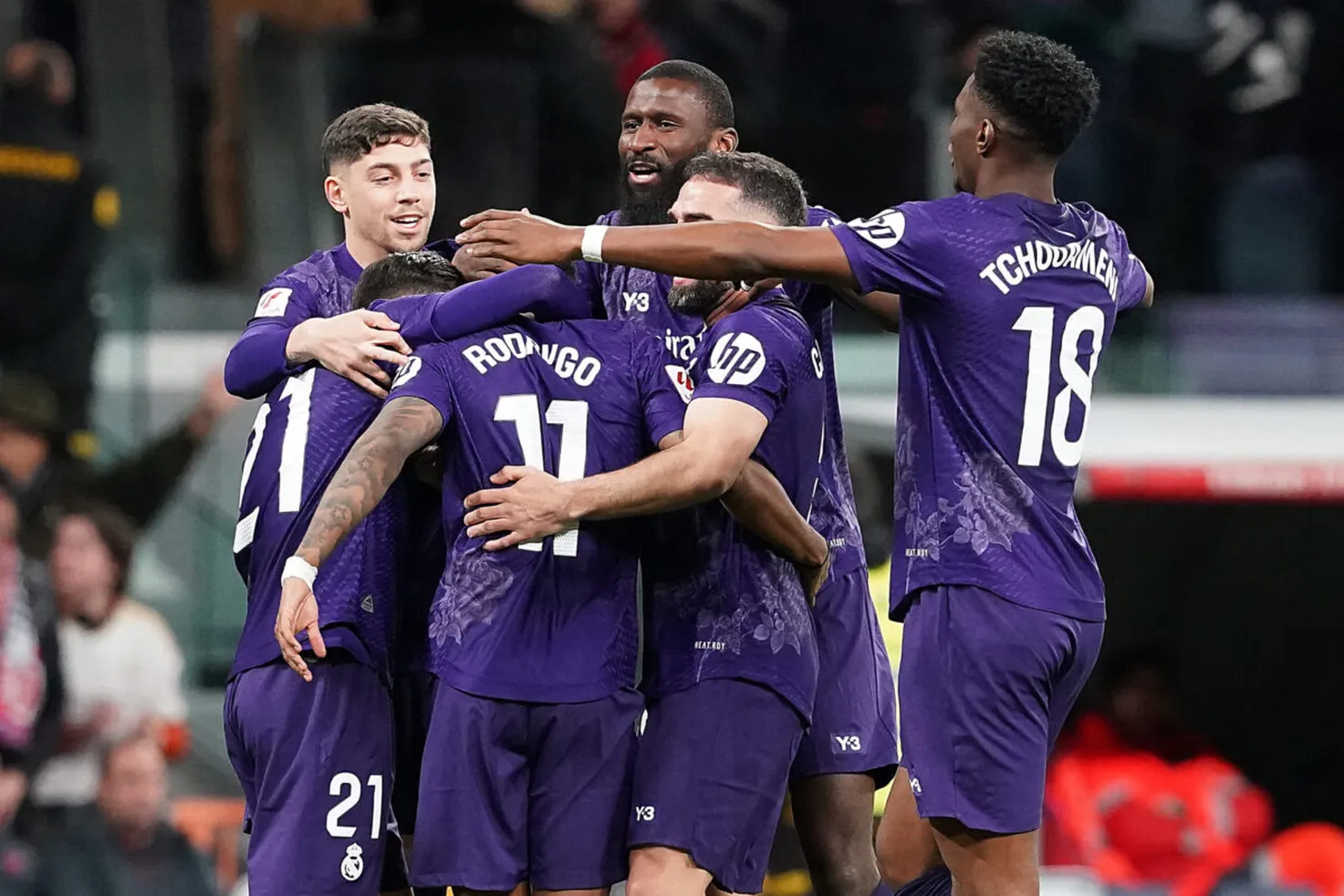 Real Madrid's Fede Valverde, Brahim Diaz, Rodrygo Goes, Daniel Carvajal, Antonio Rudiger and Aurelien Tchouameni celebrate goal during La Liga match, in Madrid, Spain, on March 31,2024. Photo by Acero/AlterPhotos/ABACAPRESS.COM Photo by Icon Sport   - Photo by Icon Sport