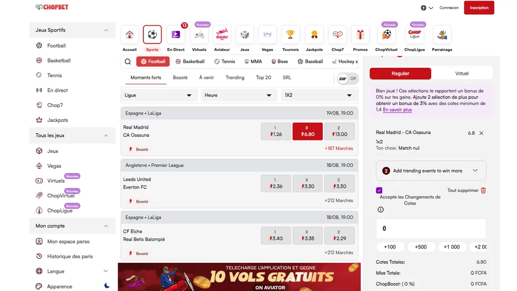 Parier sur Chopbet avec le code promo AFCHOP