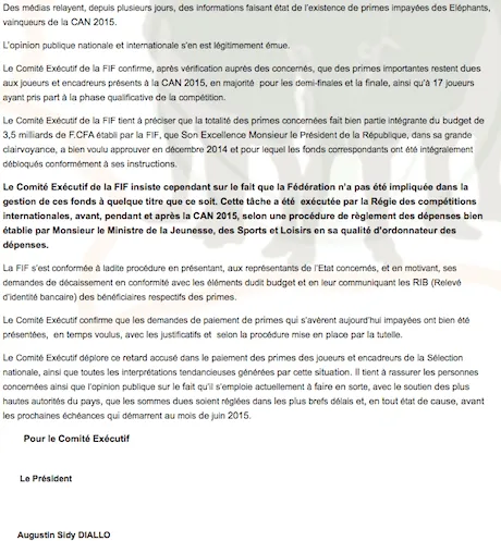C&ocirc;te d&rsquo;Ivoire : La FIF plaide non-coupable dans l&rsquo;affaire des primes