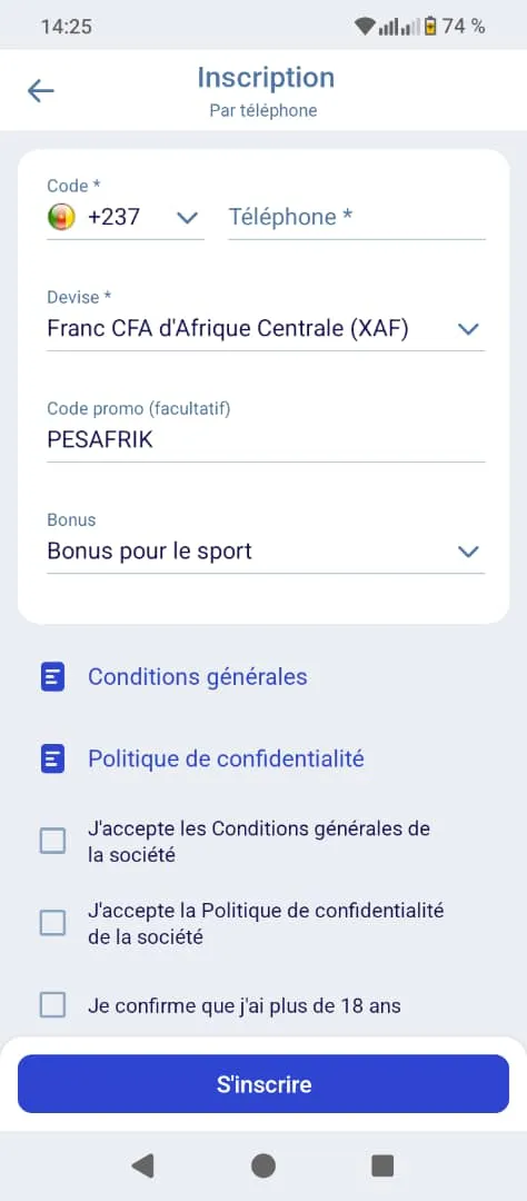 Formulaire inscription Paripesa avec code promo Paripesa