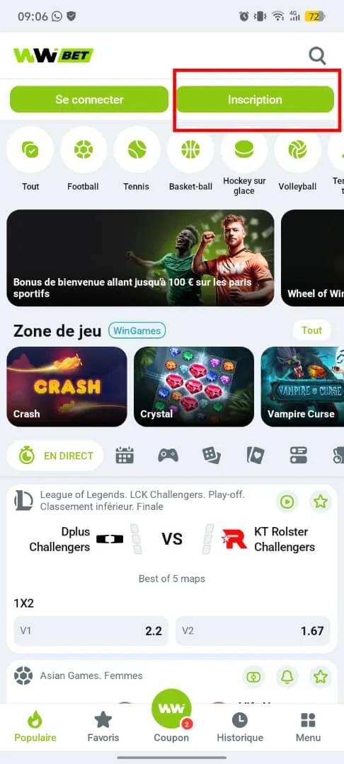 La page d'accueil de l'application WinWin avec le bouton inscription visible dans le coin sup&eacute;rieur droit