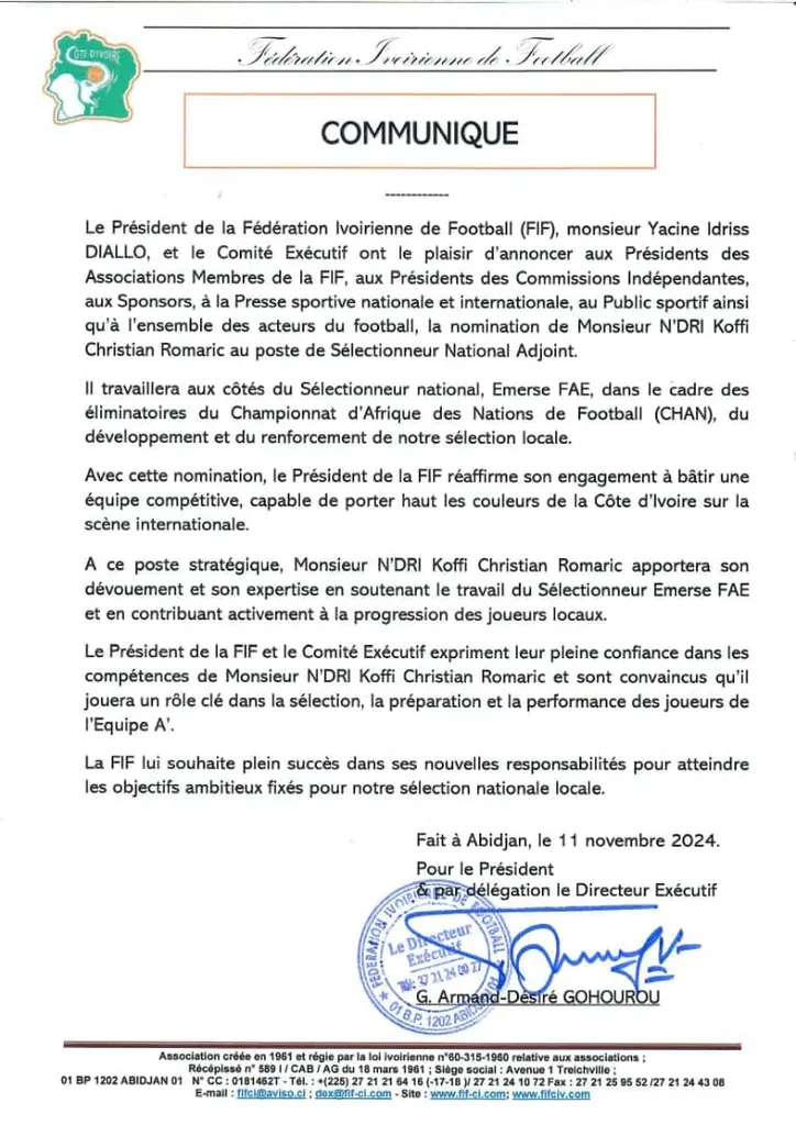 Communiqu&eacute; de nomination du s&eacute;lectionneur national N&rsquo;Dri Koffi pour l&rsquo;&eacute;quipe locale de C&ocirc;te d&rsquo;Ivoire