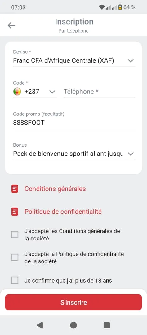 Inscription sur 888starz APK avec le code promo