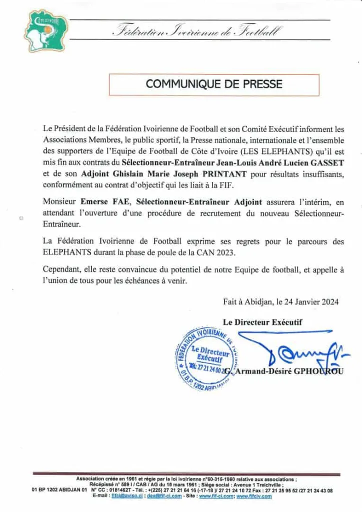 Communiqu&eacute; Gasset, FIF