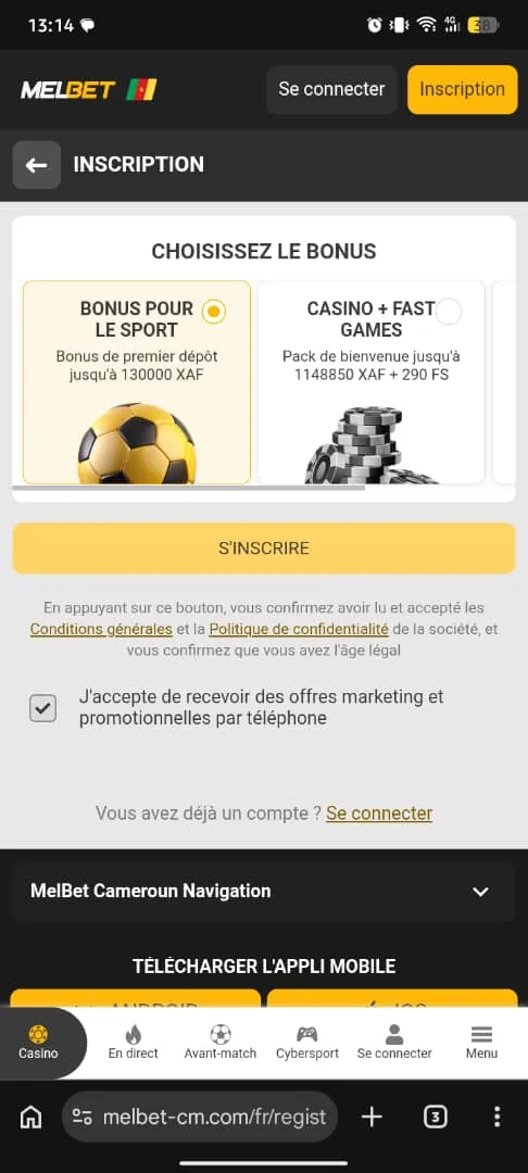 Choix du bonus d'inscription sur MelBet
