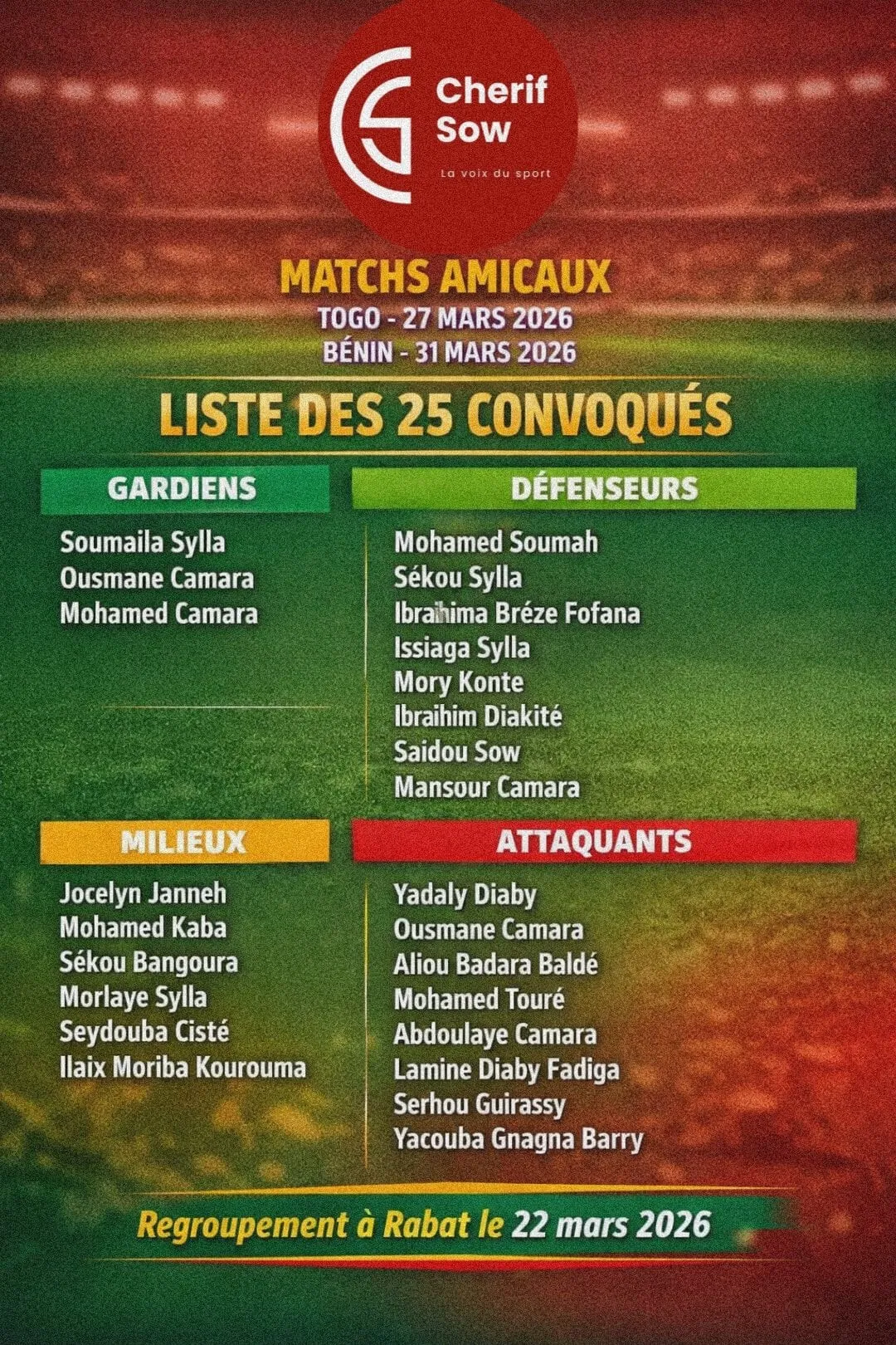 Liste Guin&eacute;e mars 2026