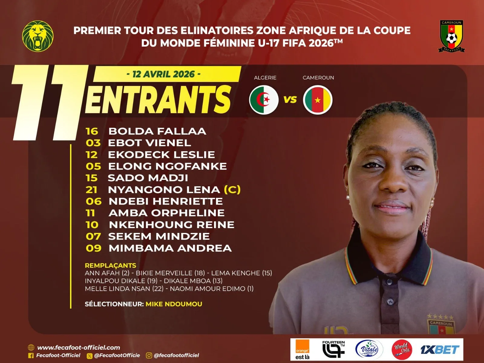 Compo Cameroun feminin U17 contre Algerie