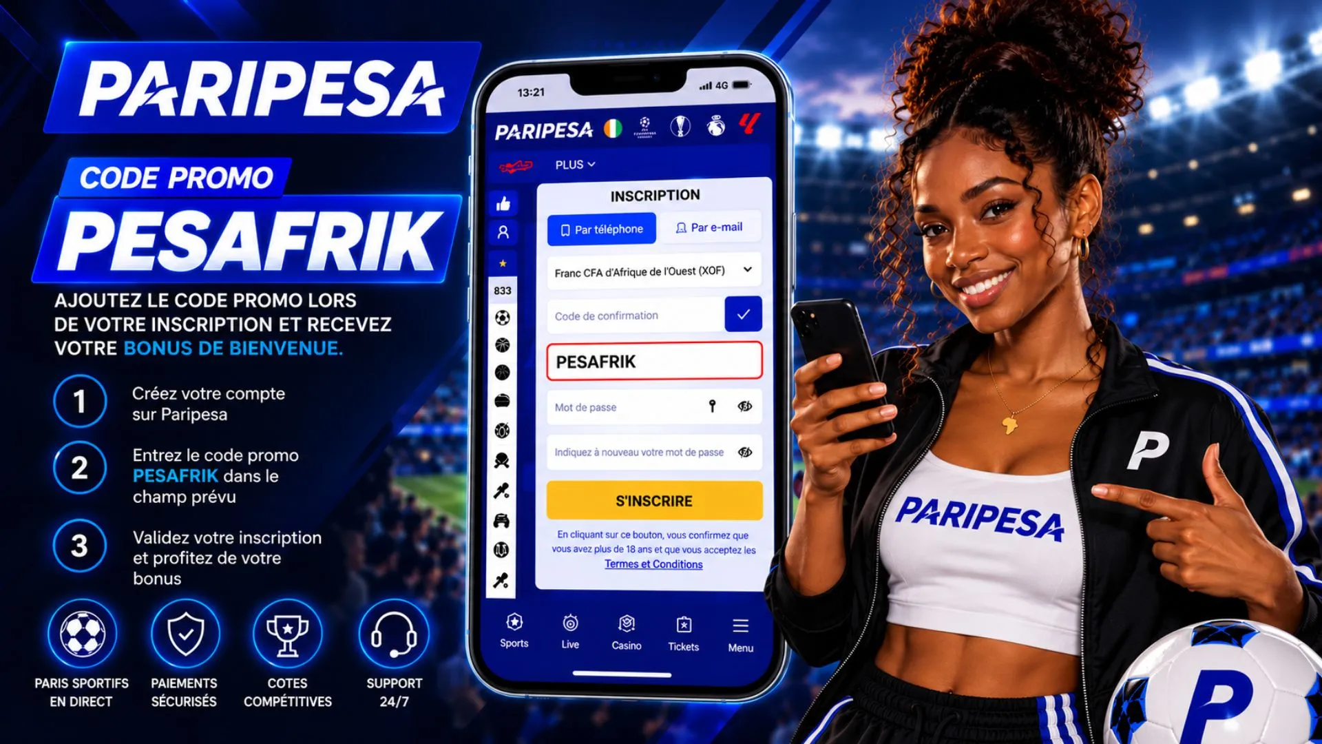Cr&eacute;ez un compte PariPesa avec le code bonus PESAFRIK
