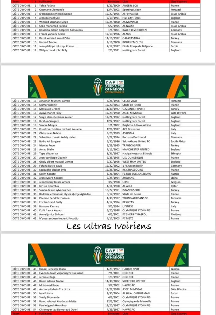 Pr&eacute;s&eacute;lection C&ocirc;te d'Ivoire, CAN