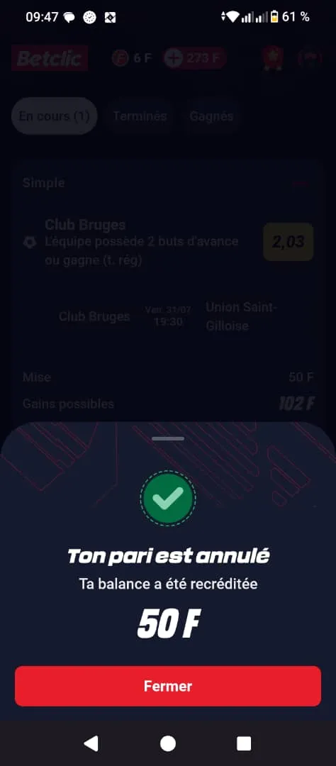 Annulation de pari via fonctionnalit&eacute; Betclic app