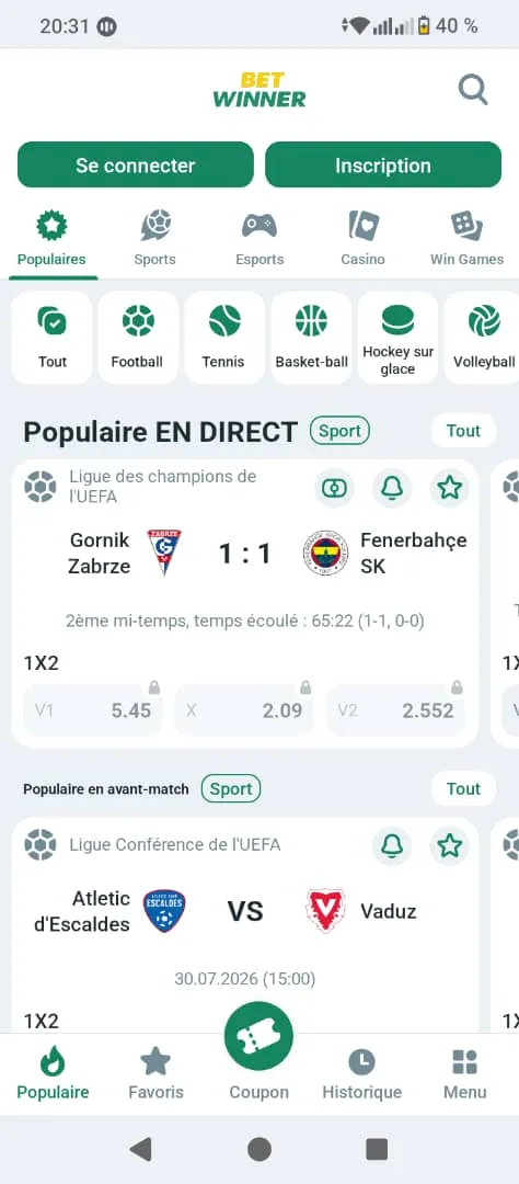Page inscription Betwinner APK
