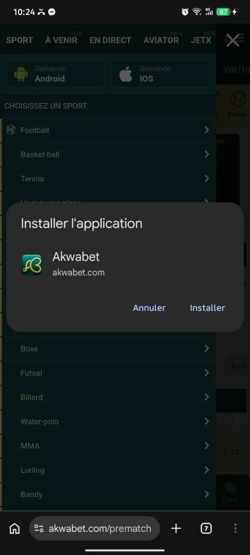 APK Akwabet installation en 10 secondes