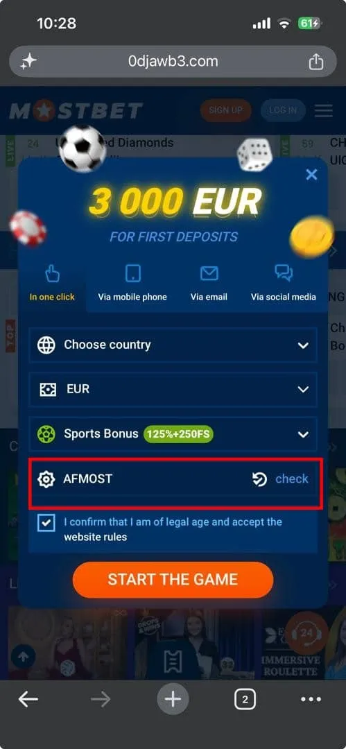 Code promo Mostbet dans le formulaire d'inscription
