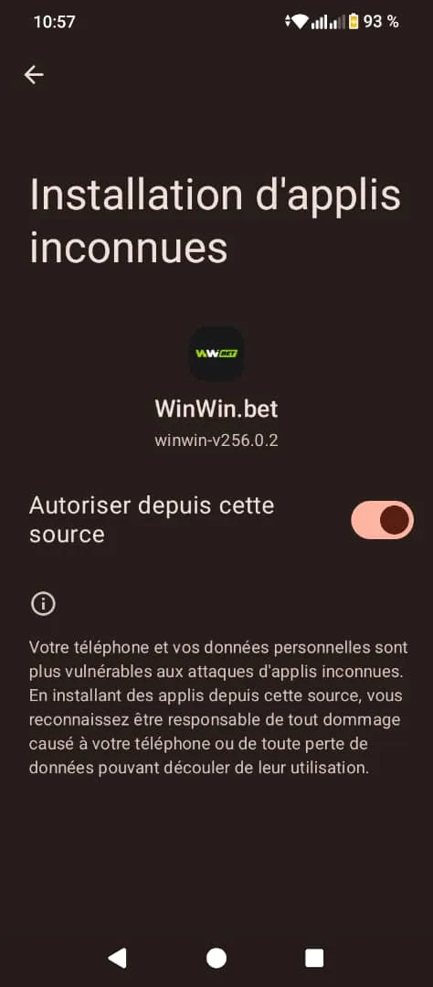 Autorisation des sources inconnues pour installer l'apk Winwin