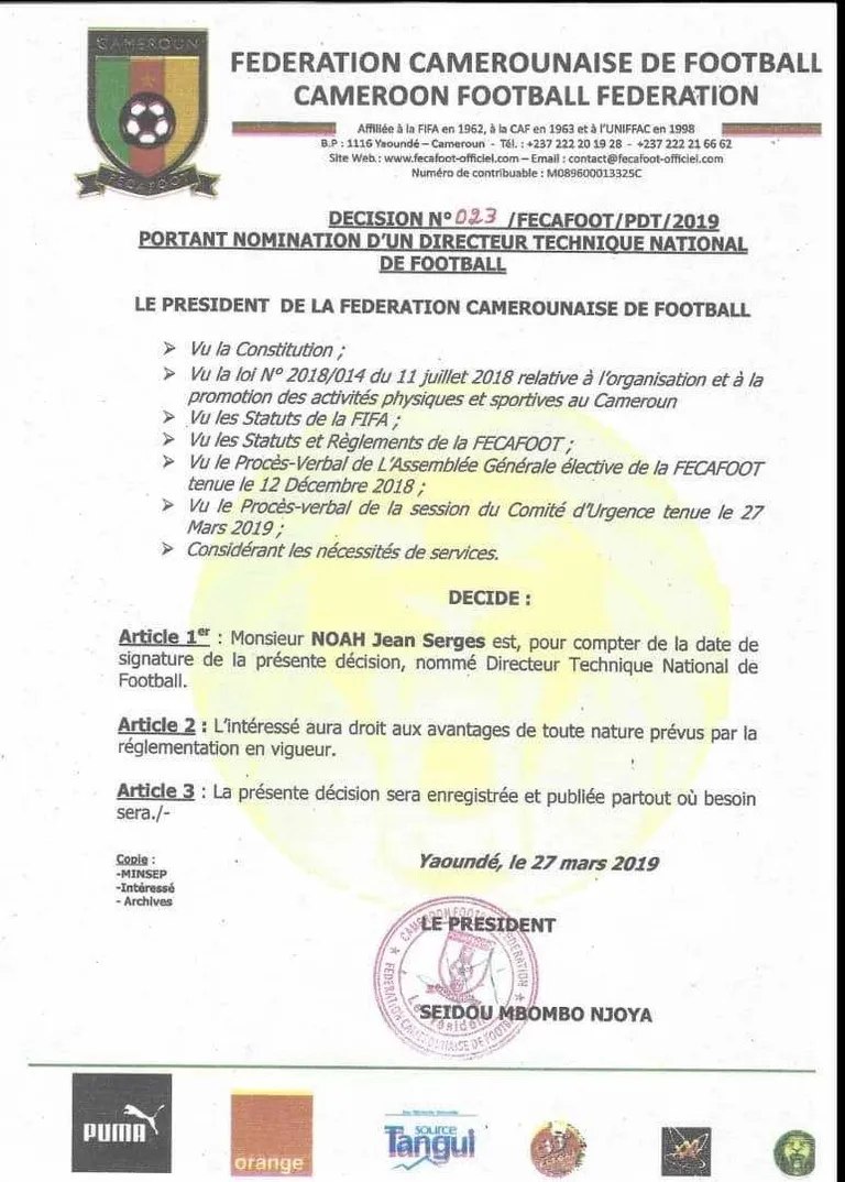 Cameroun : le cousin de Yannick Noah nommé DTN