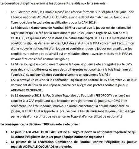 CAN 2019-Togo : la Gambie fait appel pour Olufade