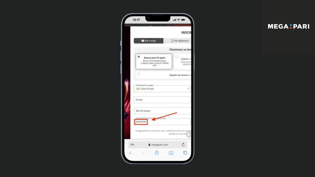 Enregistrez-vous depuis l'application de Megapari