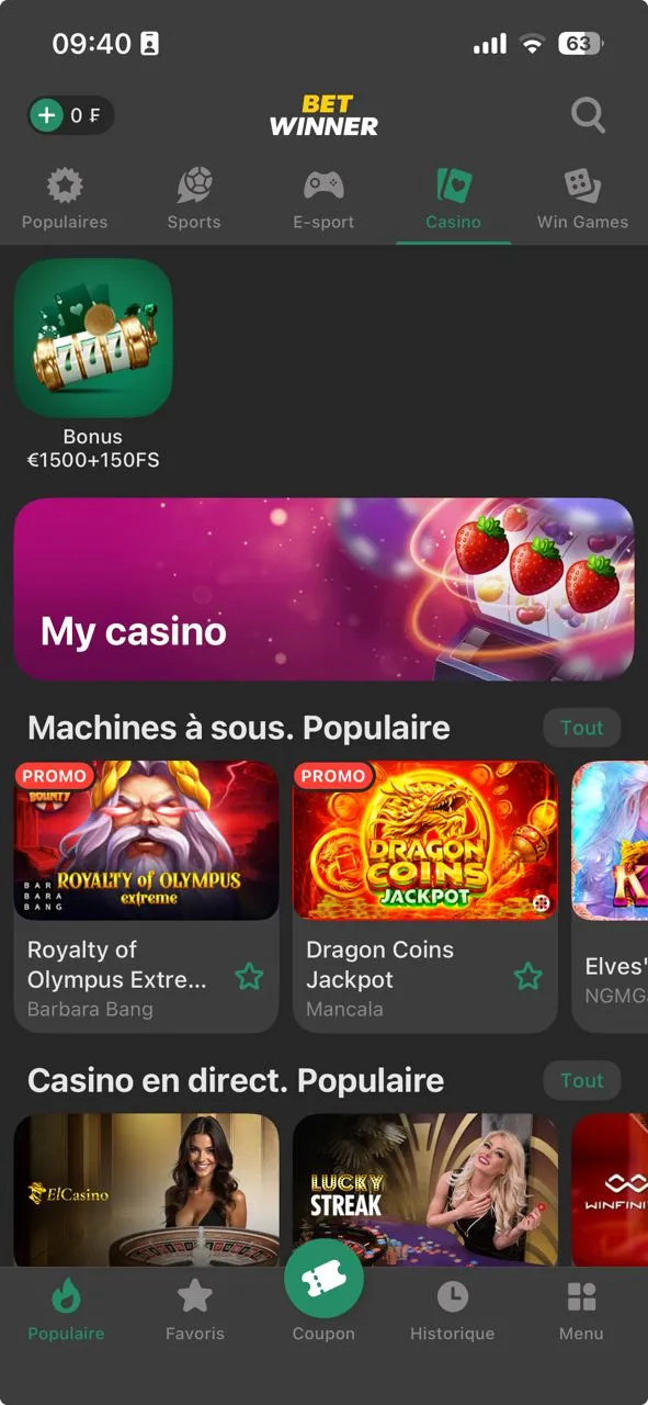 Aper&ccedil;u du casino sur BetWinner
