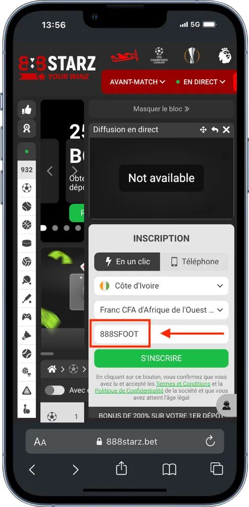 Ouvrez un compte 888starz depuis votre mobile