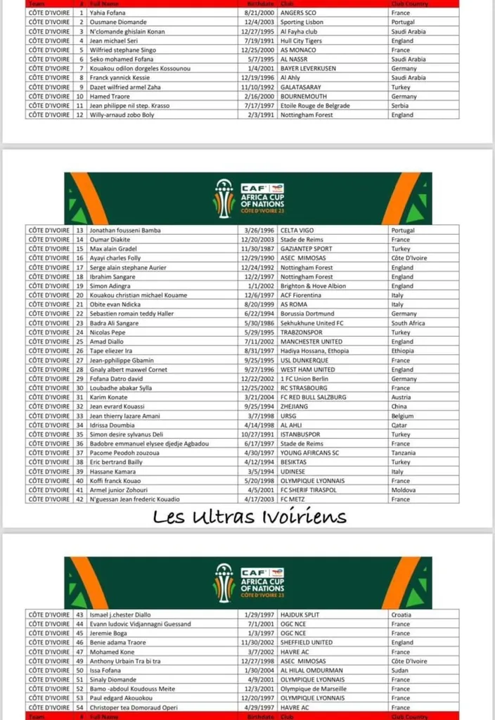 Pr&eacute;s&eacute;lection C&ocirc;te d'Ivoire, CAN