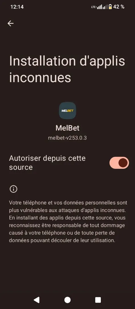 Autorisation des sources inconnues Melbet apk