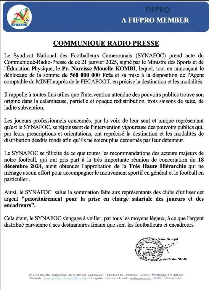 Communiqu&eacute; Synafoc