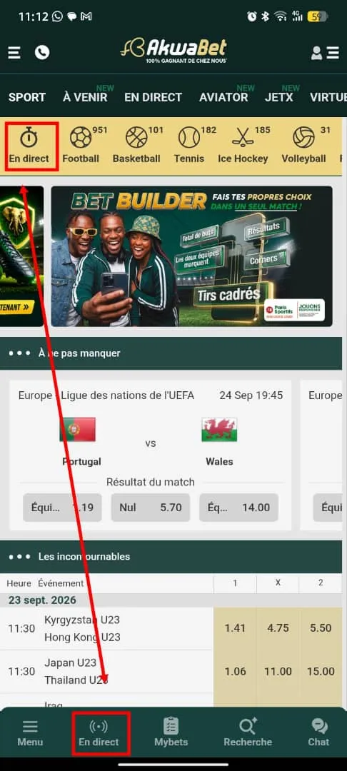 2 boutons pour acc&eacute;der aux rencontres en direct sur l'APK Akwabet