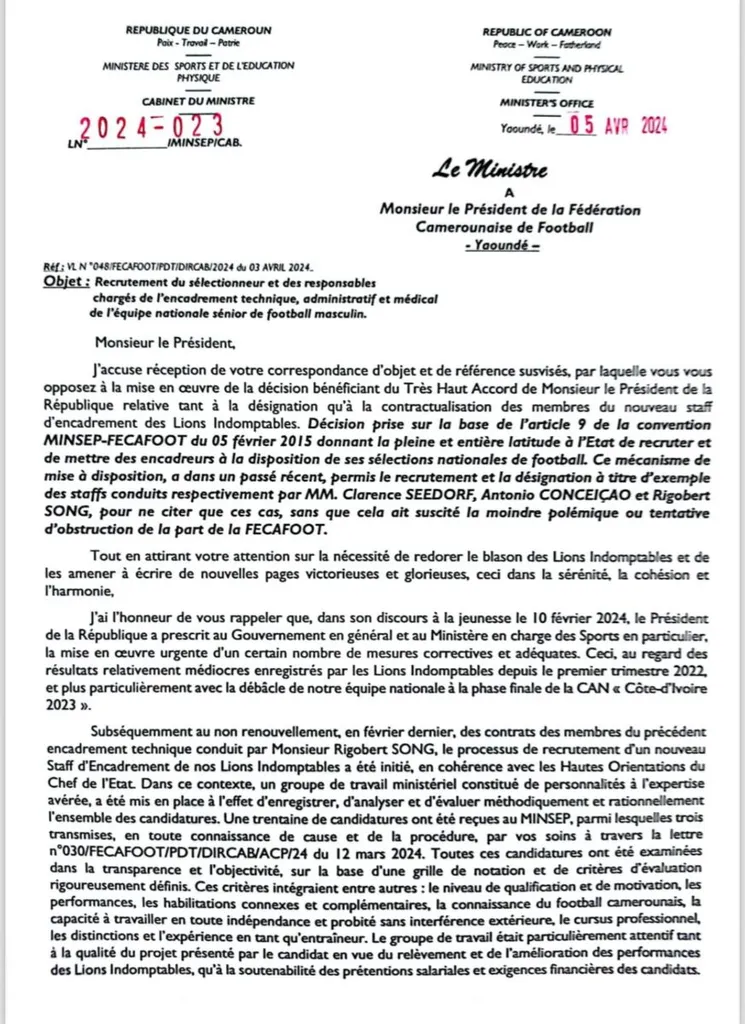 Lettre Fecafoot