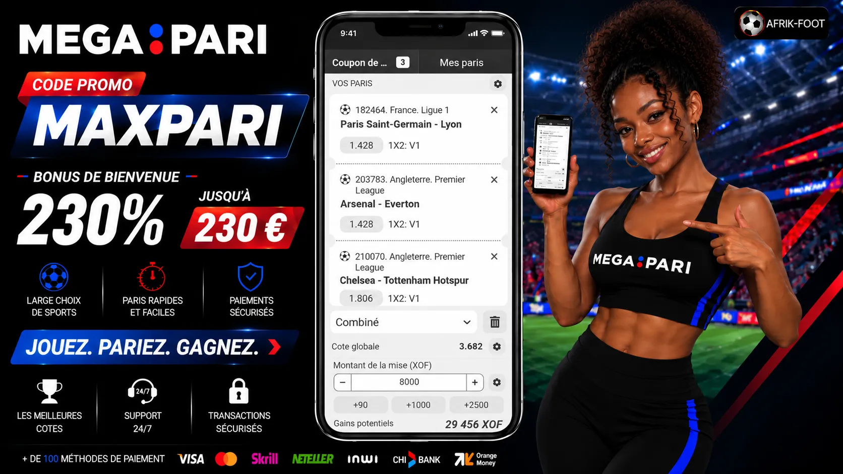 Coupon combin&eacute; Megapari : Chelsea Tottenham V1, Arsenal Everton V1, PSG Lyon V1 : cote 3,682