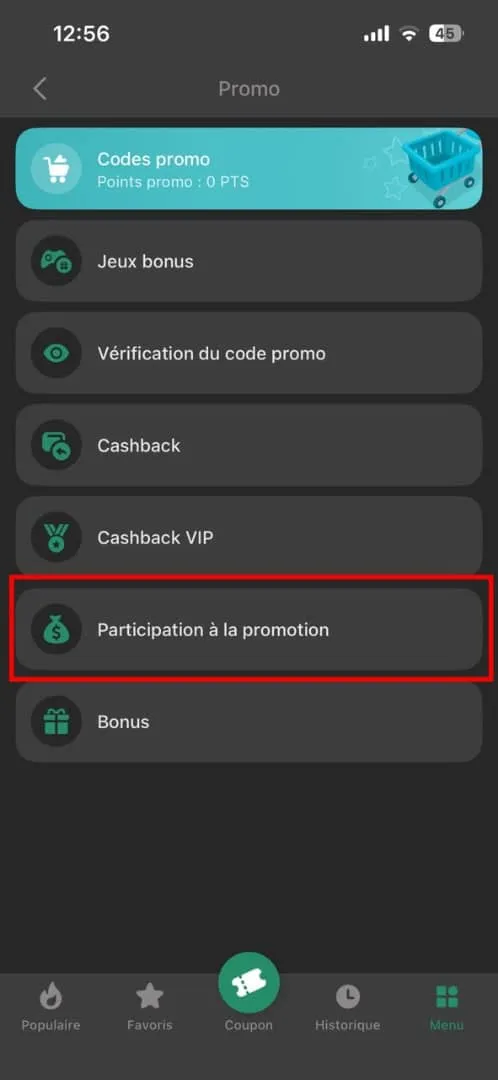 Activer le bouton dans le menu du compte BetWinner
