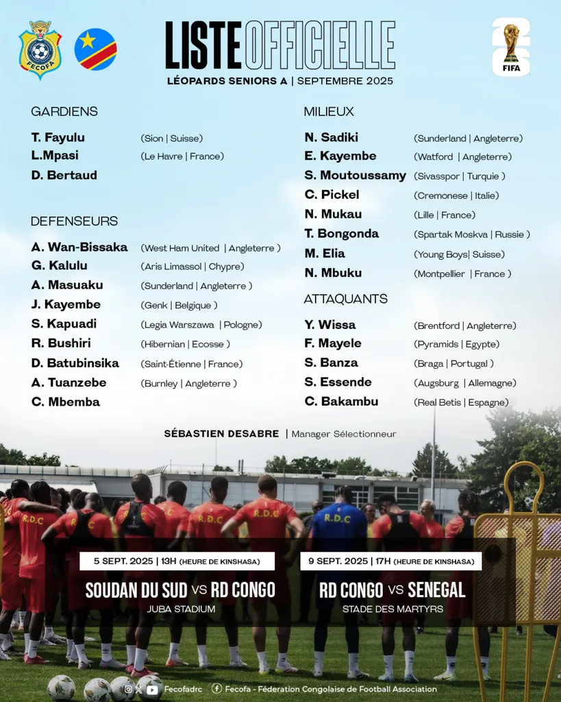 Liste RDC contre Soudan du Sud et Sénégal (7e et 8e journées qualificatives pour la Coupe du monde 2026)