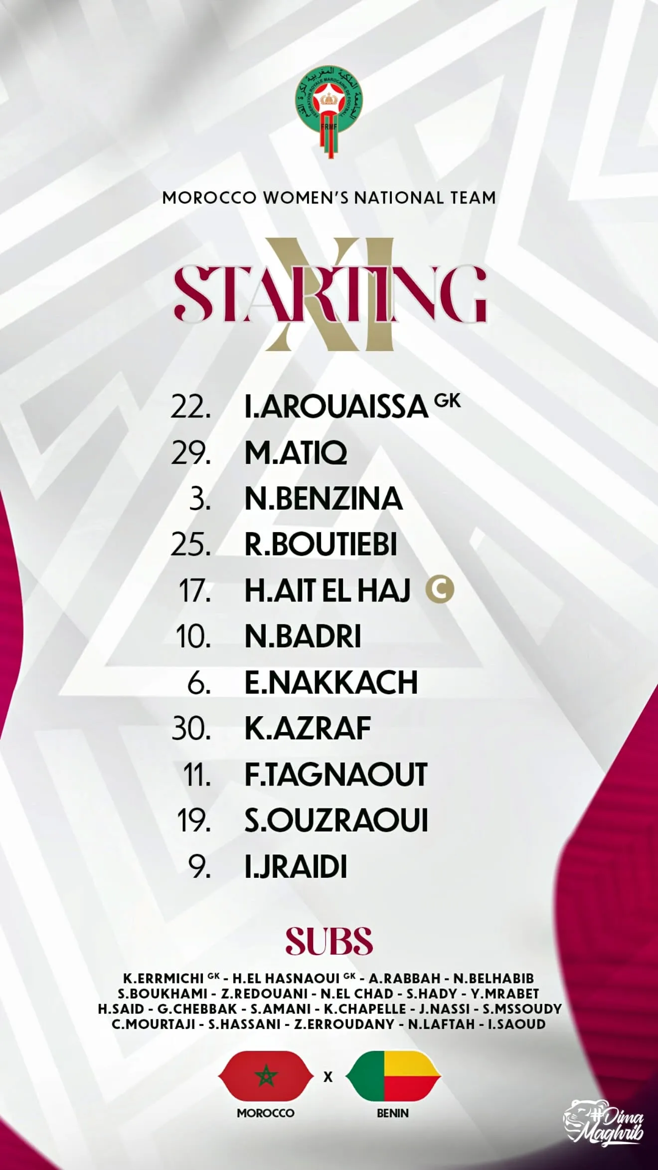 La compo du Maroc f&eacute;minin contre le B&eacute;nin