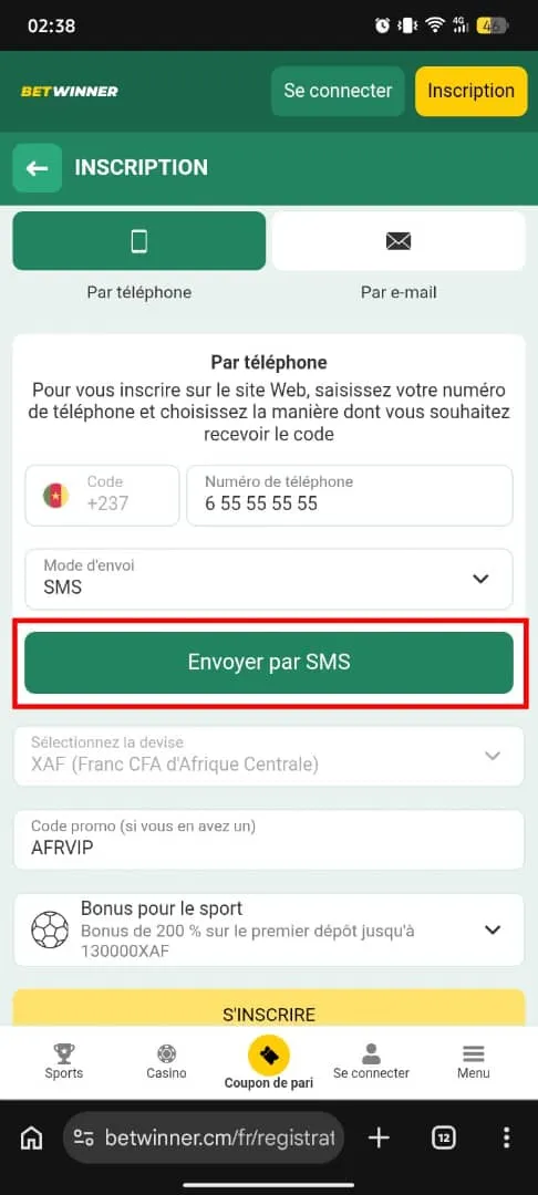 Formulaire d'inscription BetWinner correctement rempli