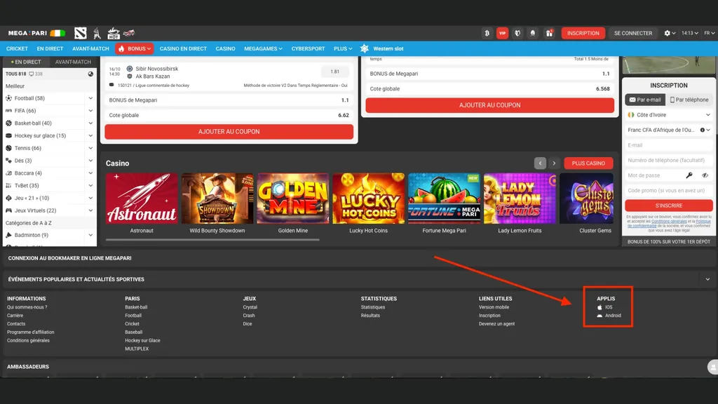 Téléchargez l'app Megapari directement sur le site.