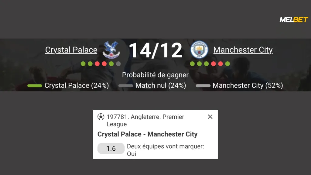 Pariez Crystal Palace vs City avec le melbet code promo