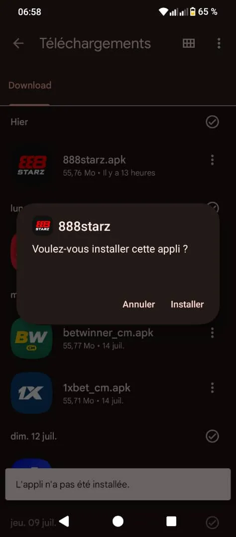 Page installation de l'application 888starz